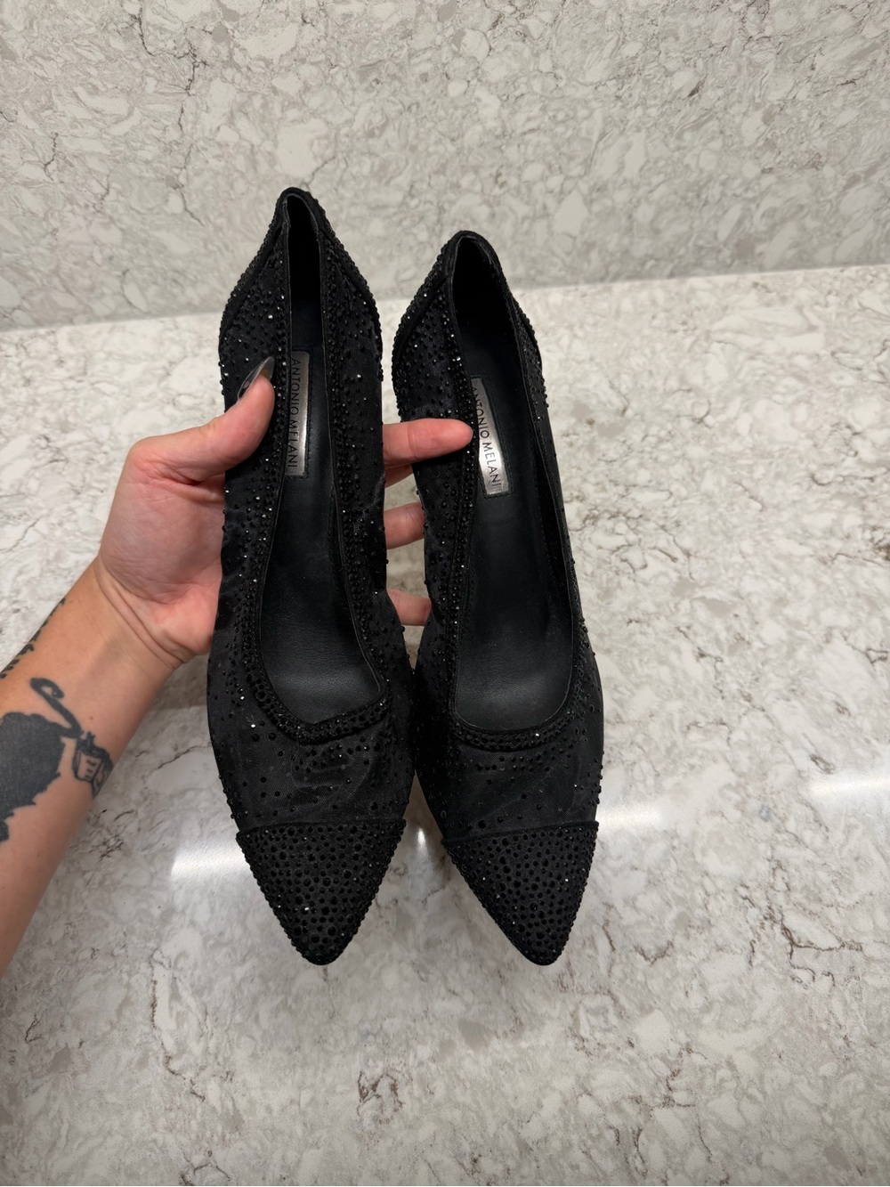 ANTONIO MELANI Black Pointed-Toe Crystal Accent Pumps